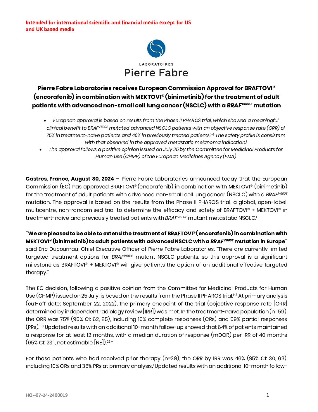 Pierre Fabre Laboratories recibe la aprobación de la Comisión Europea para BRAFTOVI® (encorafenib) en combinación con MEKTOVI® (binimetinib)