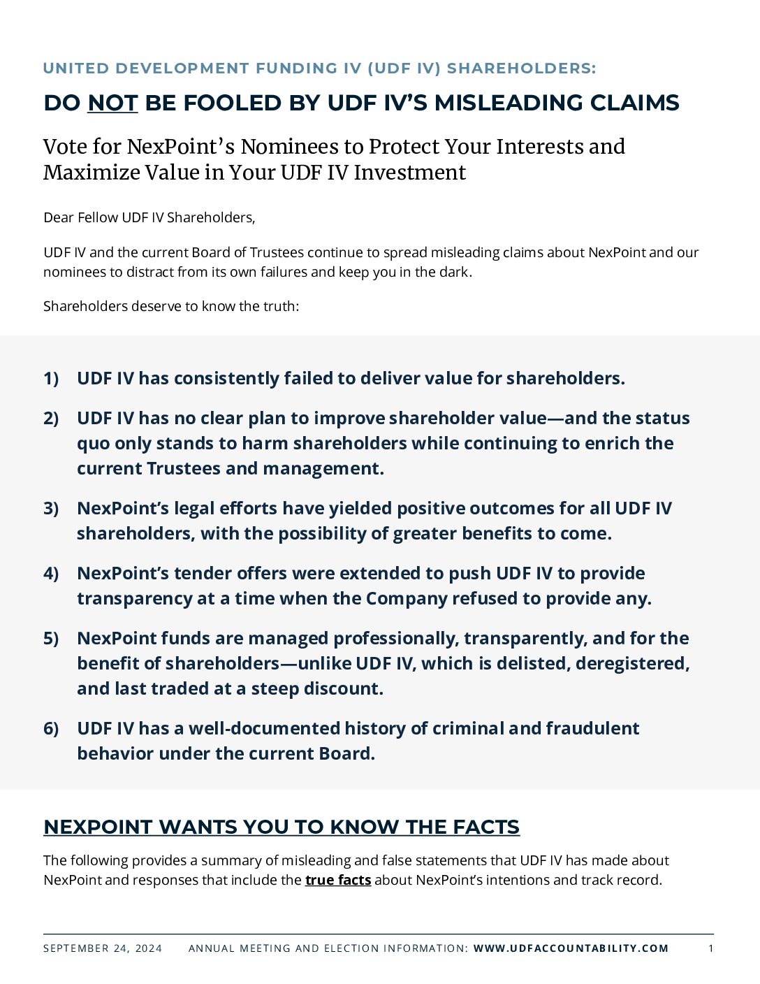 NexPoint Responds to United Development Funding IV’s (UDF IV) Misleading Claims