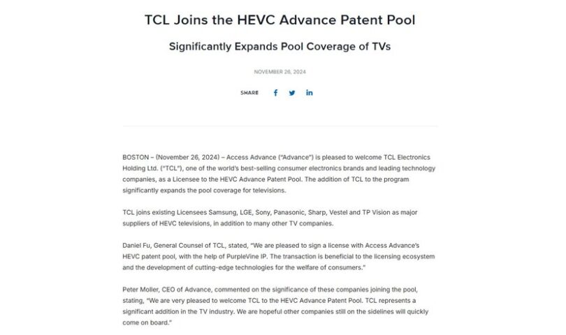 PurpleVine ebnet TCL den Weg in den HEVC-Walk-Patentpool